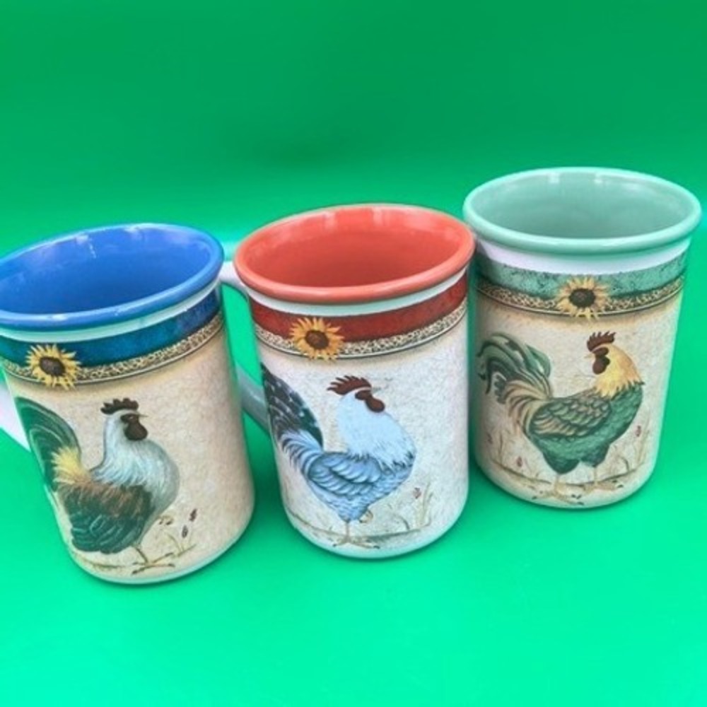 Gibson Rooster Mug Set 3pc Multicolor Farmhouse Sunflower Ceramic Mugs